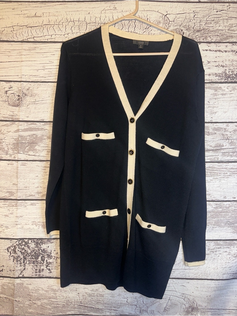 J.Crew 100% Merino Wool Black Contrast Trim Long Cardigan Sweater Small